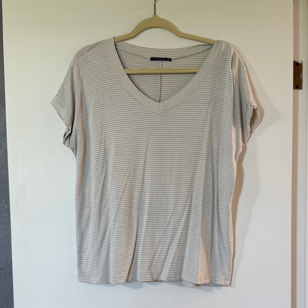 Staccato white and tan Striped V-Neck Short Sleeve Tee
